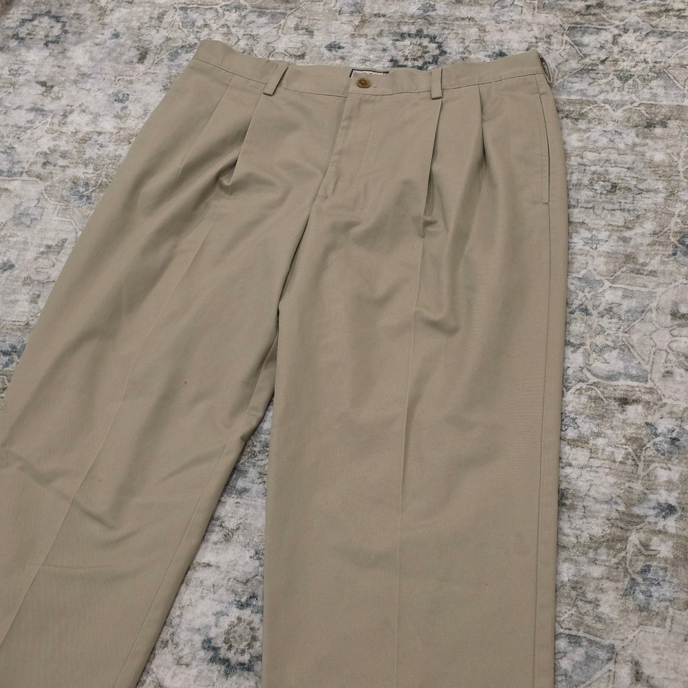 IZOD Mens 38x30 Khaki Chino Pants Double Pleated Cuffed 100% Cotton Tan Trousers